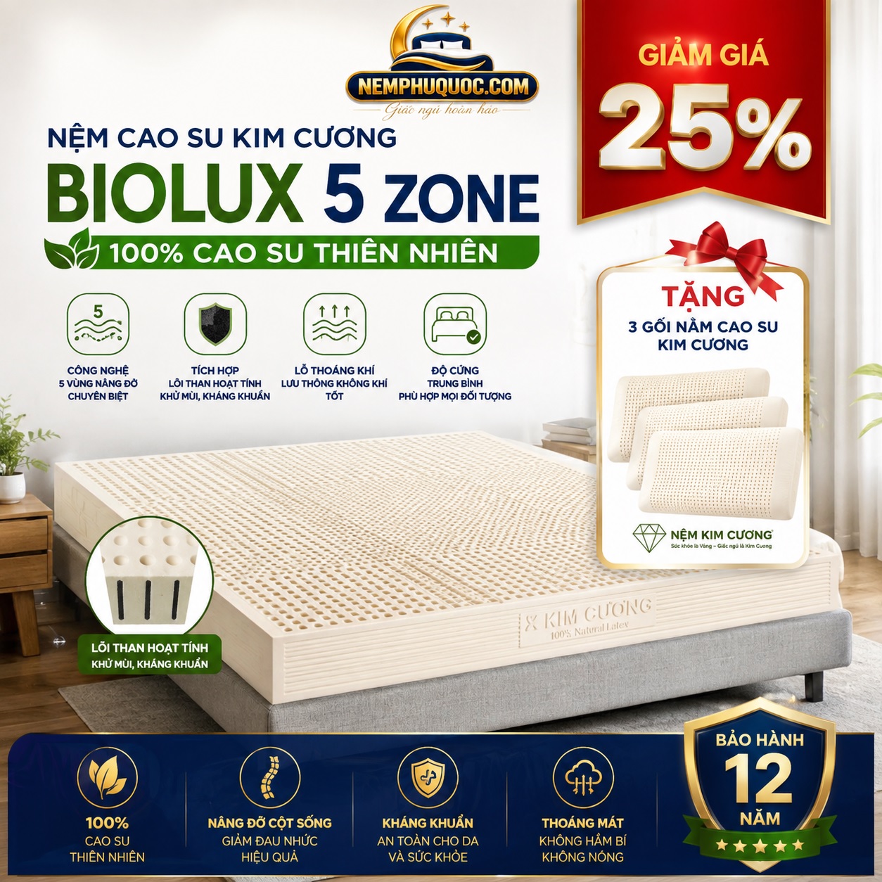 Nệm cao su Kim Cương Biolux 5 Zone tại Nệm Phú Quốc