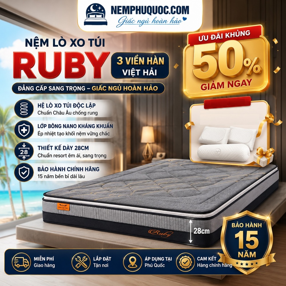 Nệm Lò Xo Túi Ruby 3 Viền Giảm 50% | Nệm Phú Quốc