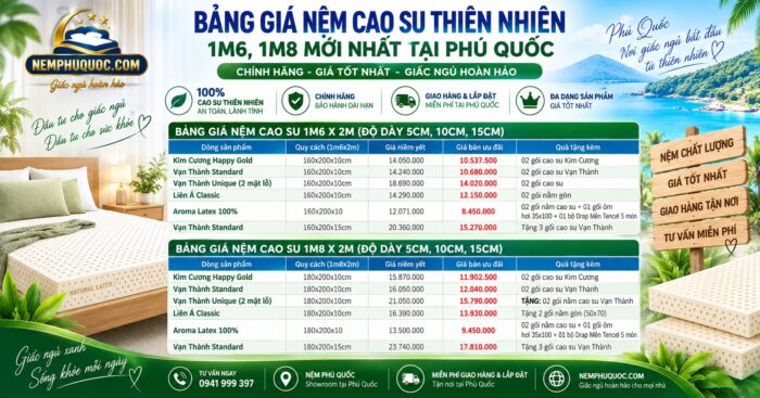 Bảng Giá Nệm Cao Su Phú Quốc 1m6, 1m8 Giảm 30%