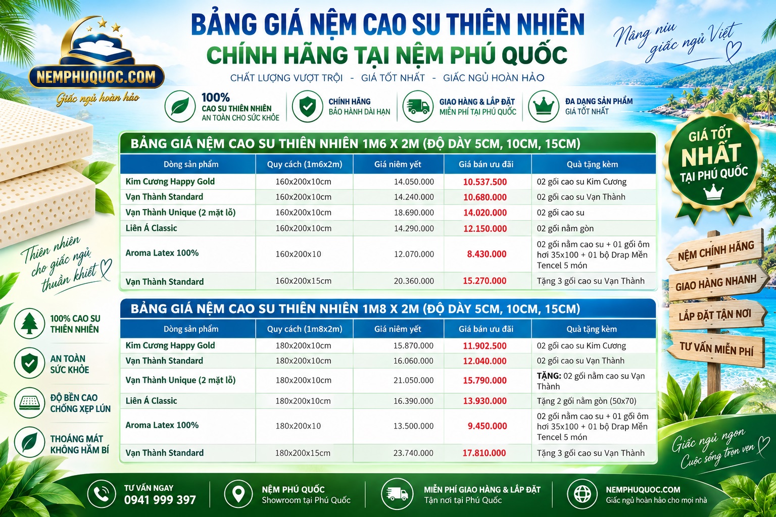 Bảng giá nệm cao su Phú Quốc kích thước 1m6 và 1m8 chính hãng