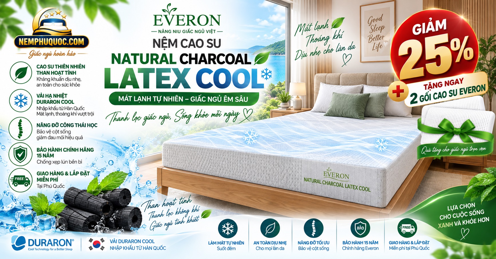 Nệm cao su Everon Natural Charcoal Latex Cool chính hãng tại Nệm Phú Quốc