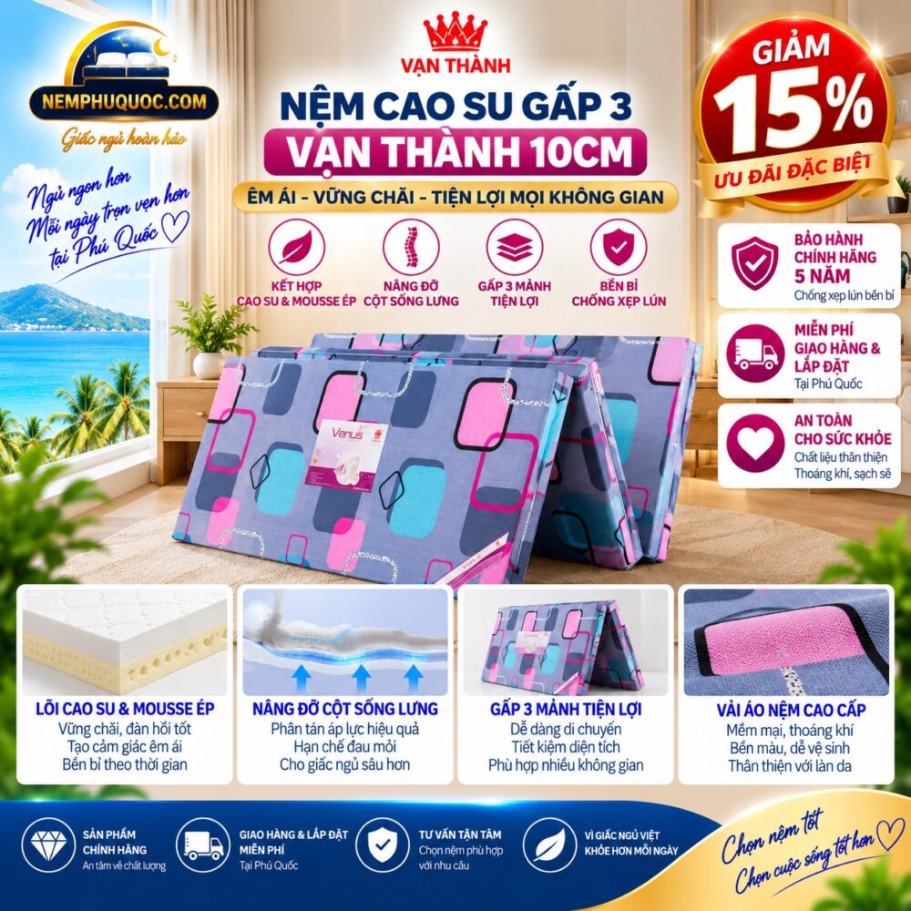 Nệm Cao Su Gấp 3 Vạn Thành 10cm Giảm 15% | NPQ