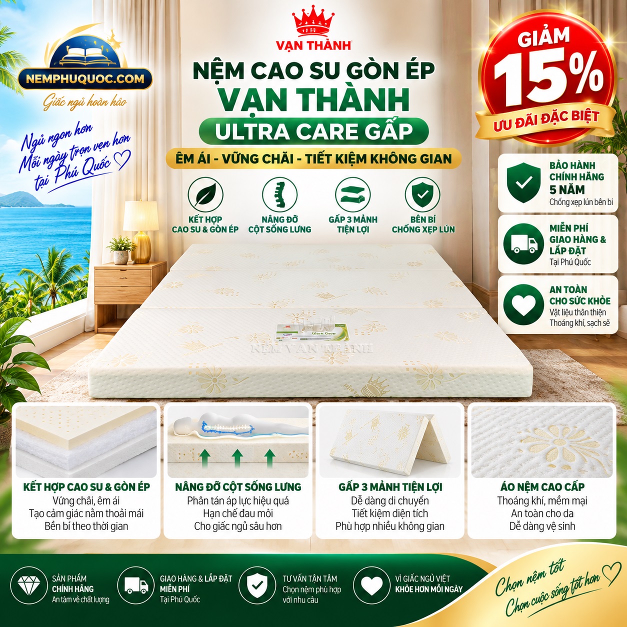 Nệm Cao Su Gòn Ép Vạn Thành Ultra Care Gấp Giảm 15%