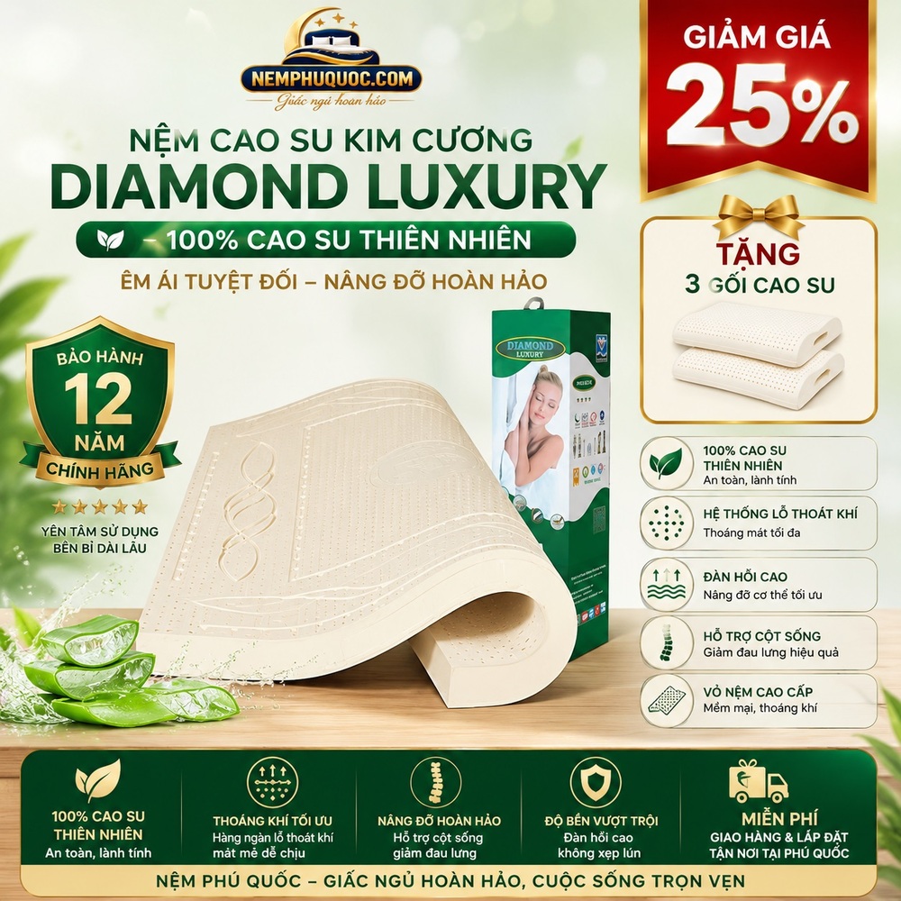 Nệm cao su Kim Cương Diamond Luxury giảm 25% + 3 gối cao su