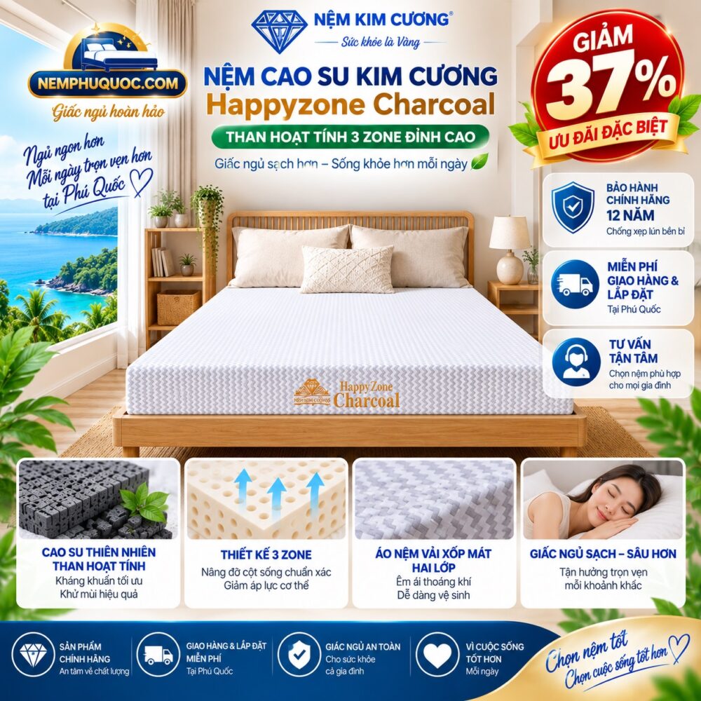 Nệm Cao Su Kim Cương Happyzone Charcoal Giảm 37%