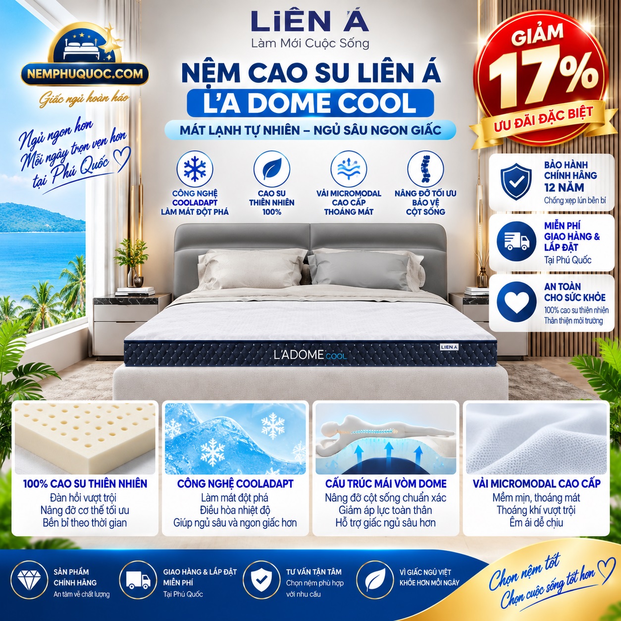 Nệm Cao Su Liên Á L’A Dome Cool Giảm 17% Phú Quốc