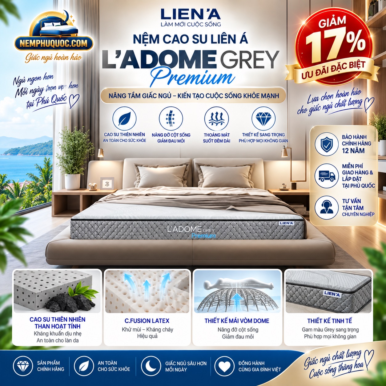 Nệm Cao Su Liên Á L’ADome Grey Premium Giảm 17%
