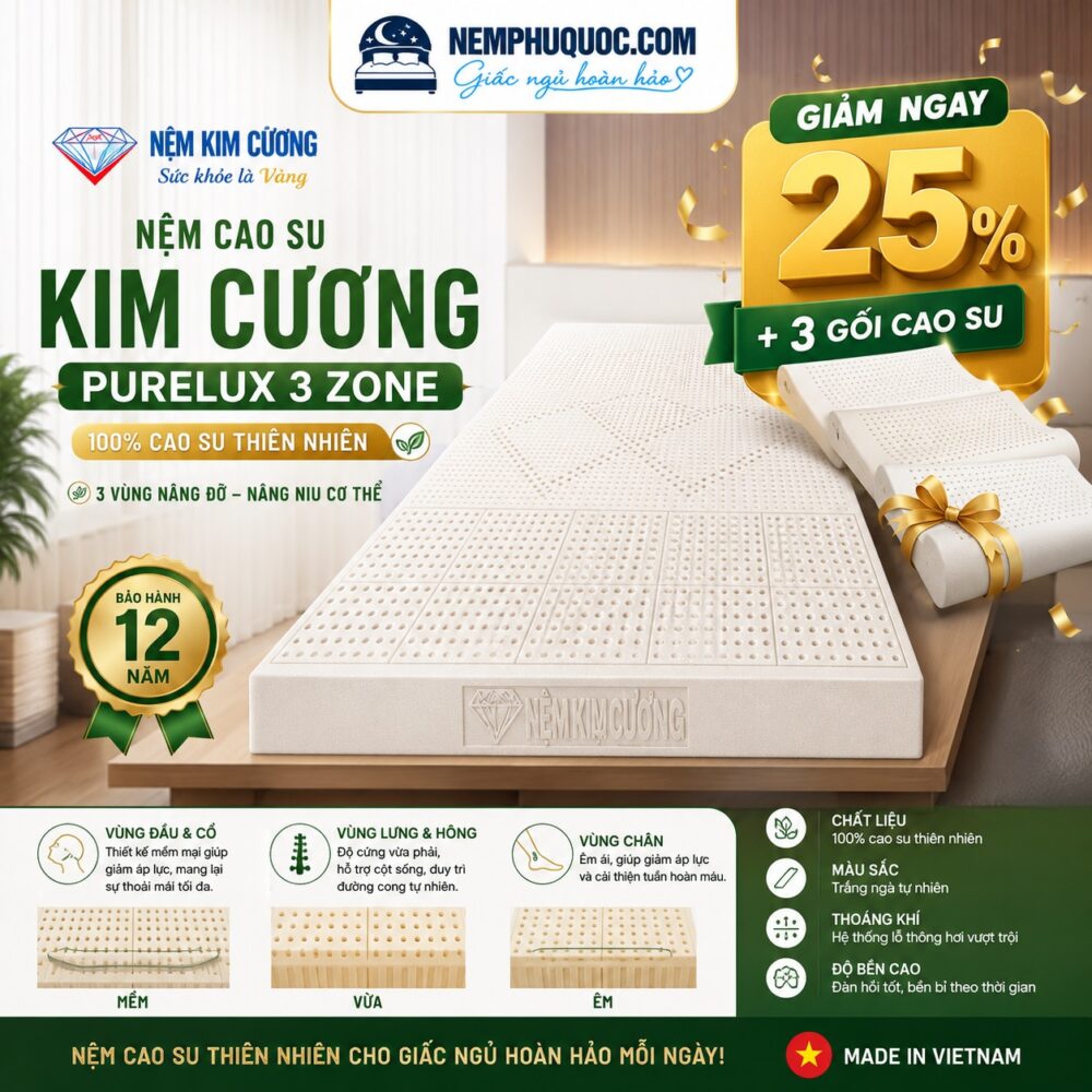 Nệm cao su Kim Cương Purelux 3 Zone tại Nệm Phú Quốc